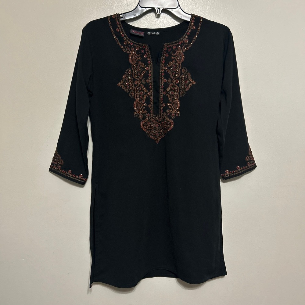 Anora Kurti Tunic Top Womens 40 Black Embroidered Sequin 3/4 Sleeve Boho Kuta